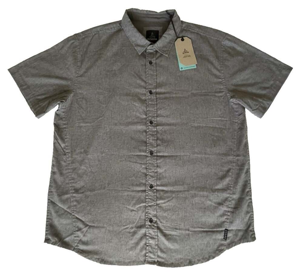 prAna Grixson Men's XL Hemp Blend Gravel Gray Solid Woven Short Sleeve Button-Up